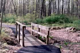 After crossing a short bridge a trail intersects from the right.