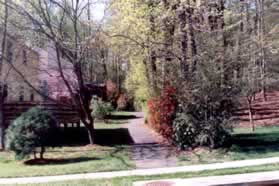 An asphalt trail intersects on both sides of the street. Turn right, cross the street and follow the asphalt path on the other side back between the houses.