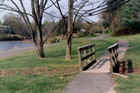 The trail cuts across a mowed area to join a service road along the edge of the lake.