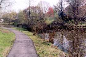 The start of a pond appears on the right. Take the trail to the right to cross this section of the pond.