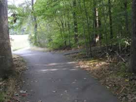 An asphalt trail intersects from the right.  Continue straight on the present trail.