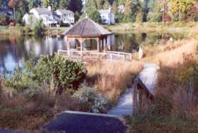After reaching the end of the pond turn left and walk down the steps to the gazebo on the pond.
