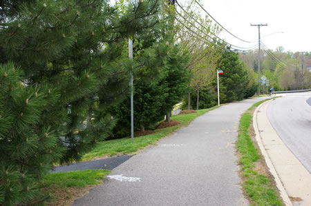Look closely for an asphalt trail to the left between the evergreens. Turn left onto this trail.