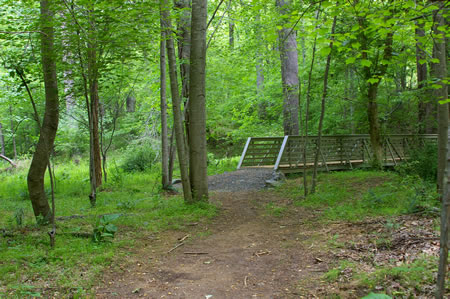 The trail crosses a bridge over a side stream.