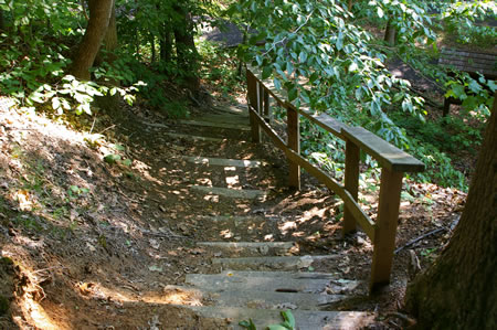 The steps go down a steep grade to return to the CCT at point 5 on the map. Follow the directions from that point to continue on the CCT.