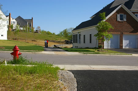 The trail crosses Bluebonnet Dr and passes behind the homes on the other side.