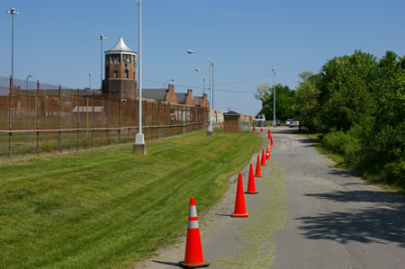 The perimeter road follows the edge of the baseball field.