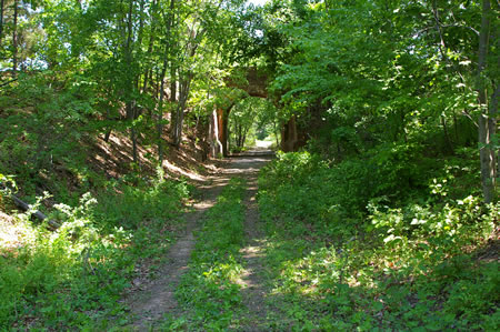 The trail passes under the historic barrel bridge that carries Furnace Road overhead.