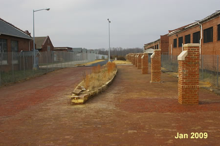 Stay on the brick surface on the left to walk between buildings.