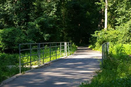 The trail crosses Accotink Creek on a bridge.