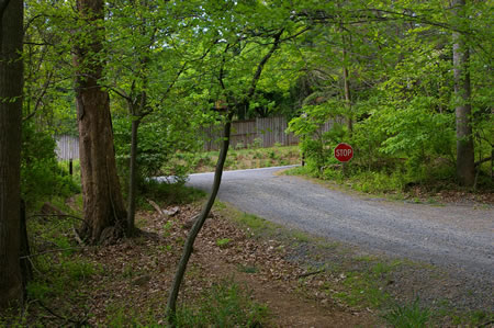 The trail joins a gravel entrance road to Camp Crowell and intersects with Vale Rd.