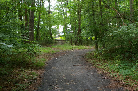 The hard surface trail turns right at the intersection with a dirt trail to a maintenance area.