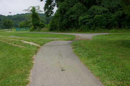 A trail intersects from the right next to a wooded area. Turn left to follow the present trail.