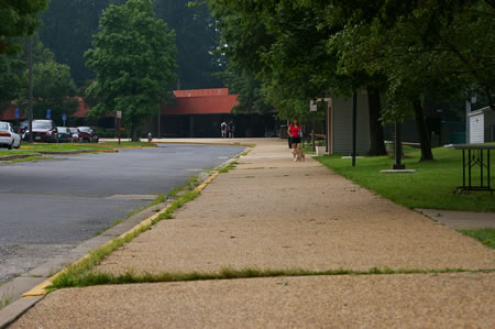 The asphalt trail from the tennis courts leads into a sidewalk along the edge of a parking lot. Continue along that sidewalk.