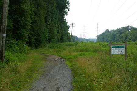 The trail turns left to leave the meadow. Notice the Project Habitat sign on the right.