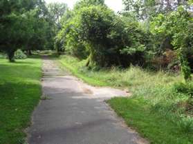 The Cross County Trail turns right at this intersection to pass under the Dulles Highways.  Continue straight on the present trail to the end of this section of the walk.