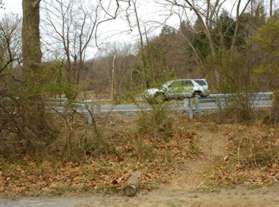 The gravel trail ends at Browns Mill Road. Look to the right for an opening in the guardrail and cross Browns Mill Road. The trail had not been realigned to connect with the opening when these instructions were written.