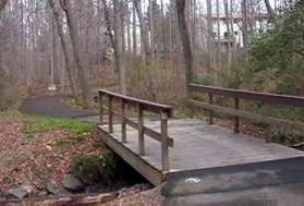 The trail turns left to cross the Snakeden Branch.