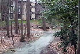 A wide asphalt trail intersects from the left.  Stay on the trail to the right.