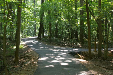 After a considerable distance an asphalt trail intersects from the right. Continue straight on the present trail.