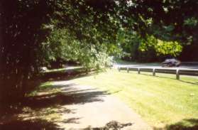 The path enters a grassy area as it follows Soapstone Dr.