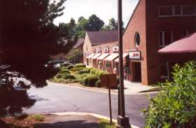 The path enters a shopping center.  Follow the sidewalk in front of the stores.