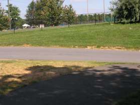 The trail turns right at the intersection with the Baron Cameron Park access road.  Turn left to reach the parking area at the start of the walk.