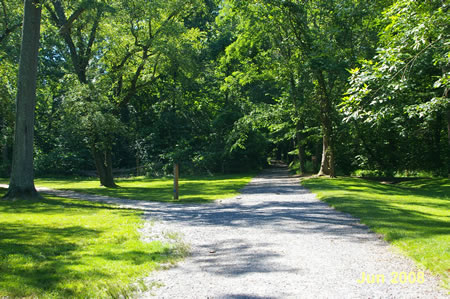 The river trail turns to the left here.  Continue straight on the present trail.