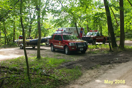 More firemen have joined the training exercise. They are now on the Ridge Trail but left some of their equipment here.