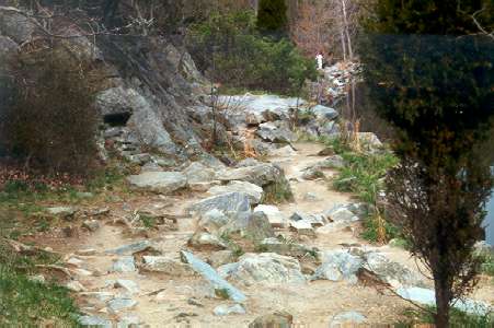 This picture shows a section of the damaged towpath before repairs in 2005.