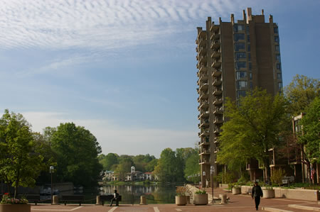 Walk towards the tall building on the right with the water on the left.