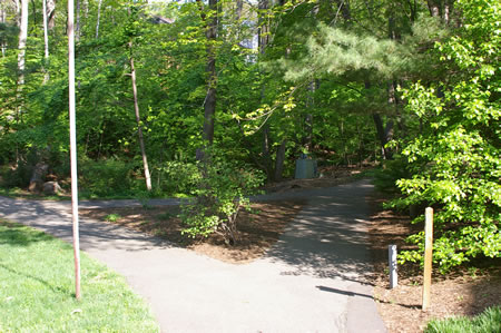 The trail curves down a grassy hill.