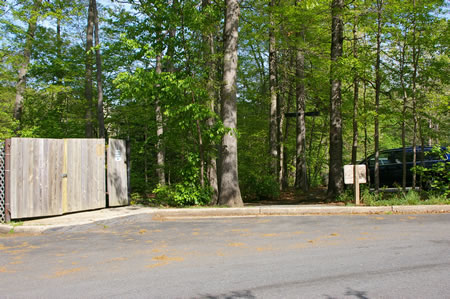 When the sidewalk meets the driveway cut across to the path to the left across the driveway.