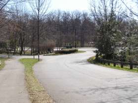 The trail follows the access road to the parking area and crosses Browns Chapel Rd.