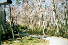 The asphalt trail follows a wooded area up a hill.