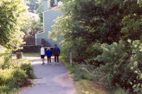 The trail crosses Seahawks Dr and cuts between homes on the other side.
