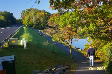 The trail goes down a short hill to reach the shore line of Lake Thoreau.