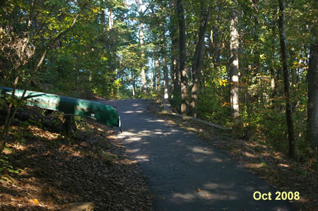 The trail goes up a s hort hill in a wooded area.