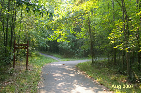 After turning right a dirt trail intersects from the left.  This is part of a loop trail around the lake.  Continue straight on the asphalt trail.