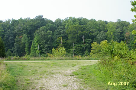 The trail intersects with a dirt service road just prior to the lake.