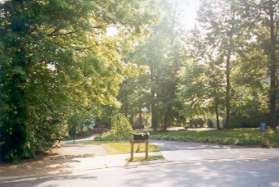 The path emerges from the woods and crosses Lake Newport Rd.  The path is to the left of the mailboxes pictured.