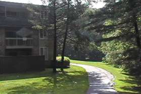 The trail crosses Clubhouse Rd. Take the trail to the right of the buildings.