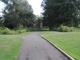 The trail crosses the golf course and is shared with a golf cart path for a short distance.  Follow the trail into the wooded section.
