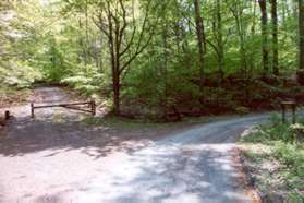 The service road turns right.  Take the path past the vehicle barrier.