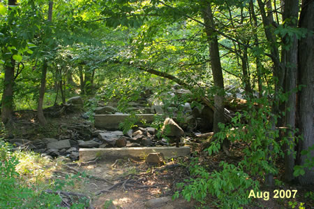 After passing the clubhouse you may notice the remains of a bridge over Sugarland Run on a trail to the right.  Continue straight on the present trail.