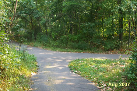 A trail intersects from the right.  Turn right to follow that asphalt trail.