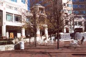 After crossing Market St walk around the fountain and pass between the buildings.