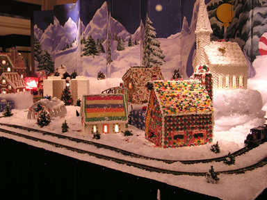 This model train layout is located in the lounge of the Hyatt Hotel and was crafted by the hotel pastry chef.