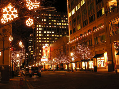 The decorations on Market Street.  There are not many people on the sidewalk because of the cold but the stores are crowded.