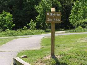 The trail widens and crosses a service road.  Go straight over the service road and enter the woods.